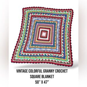 Vintage‎ Colorful Granny Crochet Square Blanket 50” x 47”